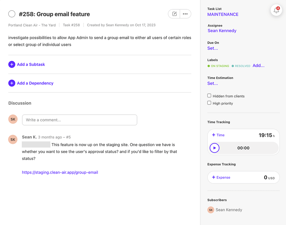 Project Management screen